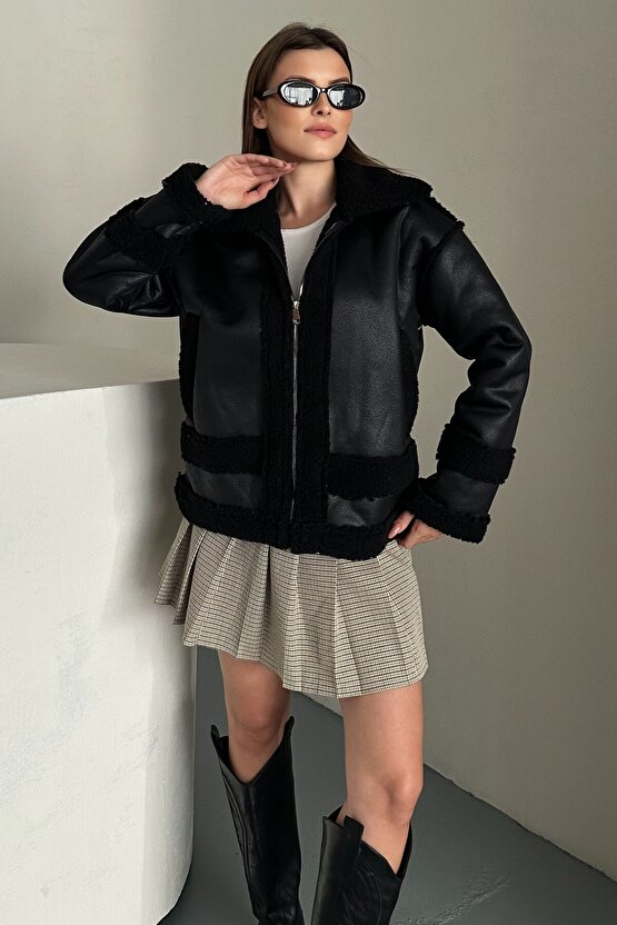 Kadın Kürklü Deri Mont - Oversize Suni Deri Kaban - Shearling İçi Peluş Ceket (Kahverengi  Siyah)