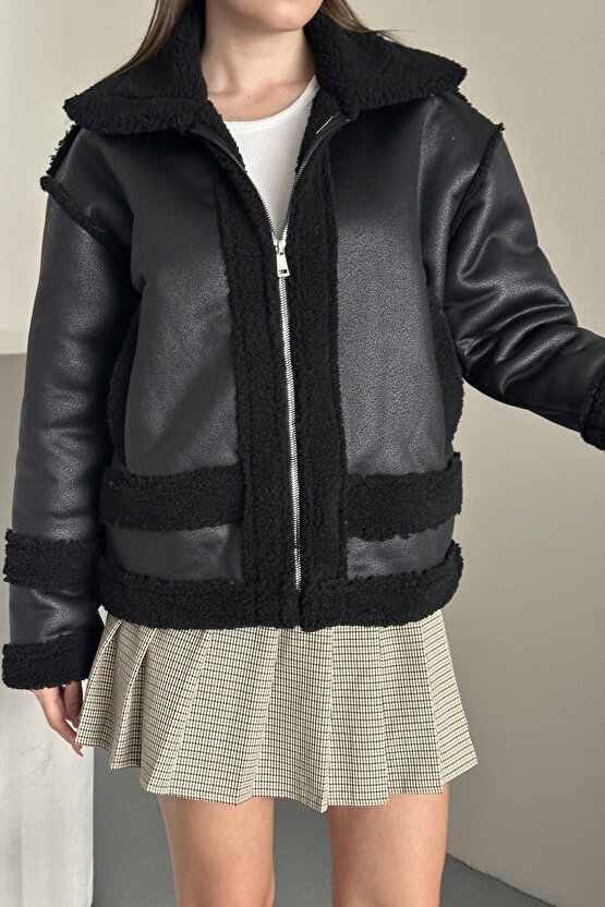 Kadın Kürklü Deri Mont - Oversize Suni Deri Kaban - Shearling İçi Peluş Ceket (Kahverengi  Siyah)