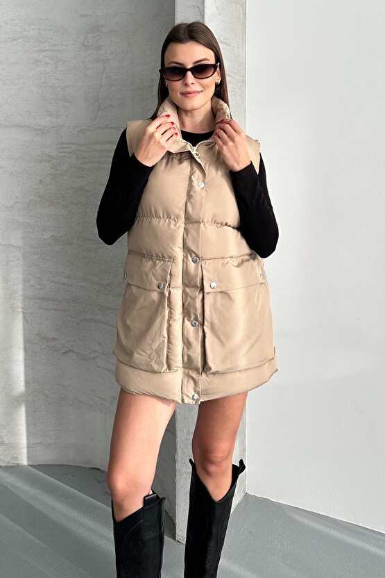 Kadın Şişme Yelek - Cepli Fermuarlı Günlük Şişme Yelek