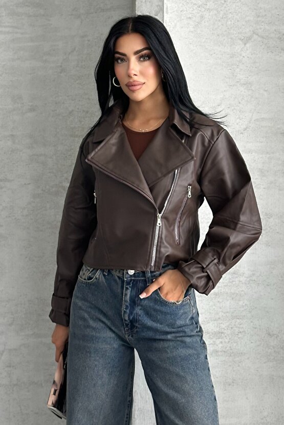 Suni Deri Balon Kol Biker Ceket