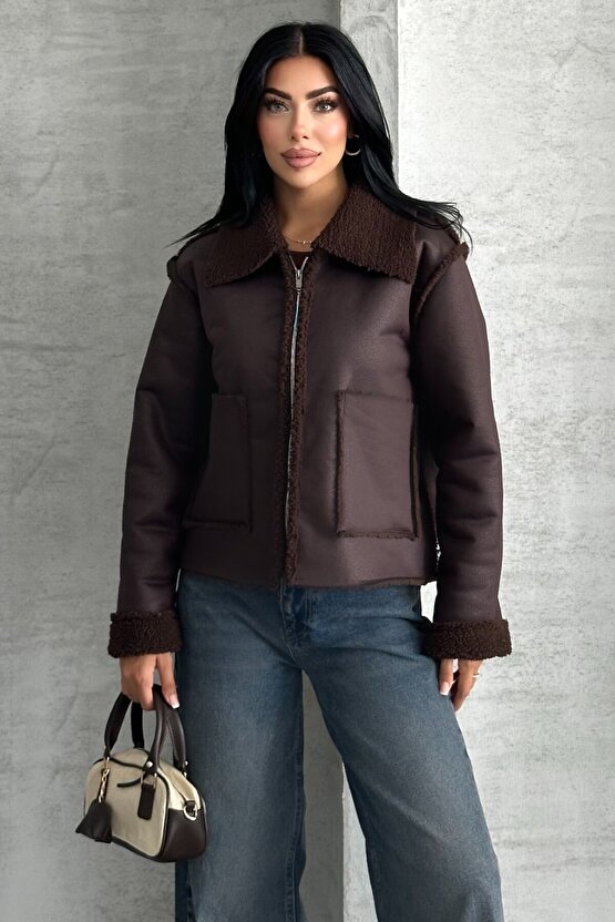 Kadın Çift Cepli İçi Suni Kürklü Suni Deri Biker Mont