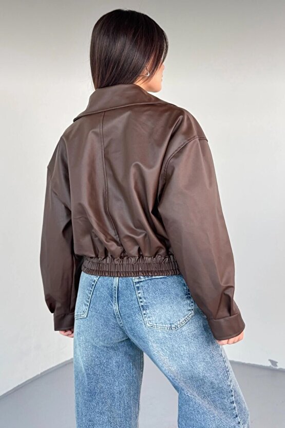 Yakalı Suni Deri Bomber Ceket