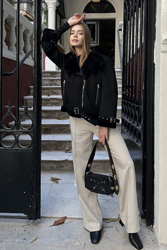 Kadın Içi Rapitli Kemer Detaylı Süet Mont