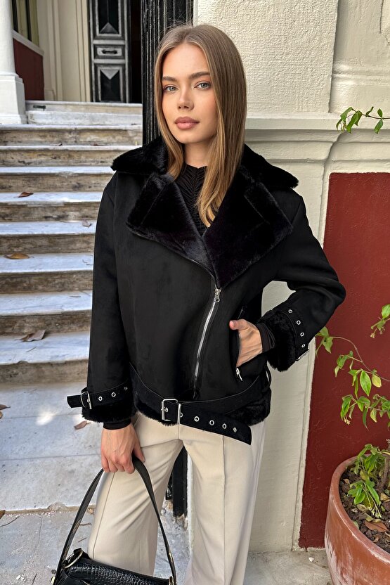 Kadın Içi Rapitli Kemer Detaylı Süet Mont