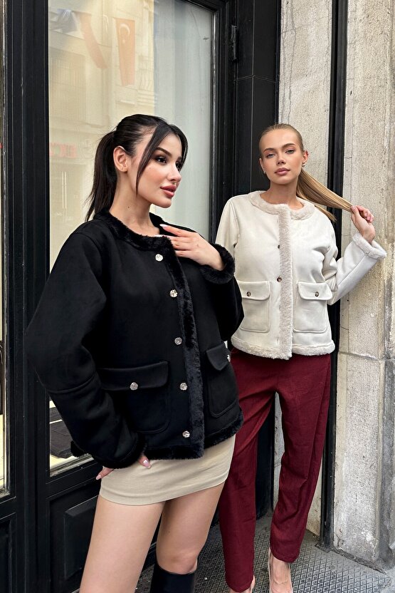 Kadın İçi Suni Kürklü Süet Ceket - Yumuşak Dokulu, Düğmeli
