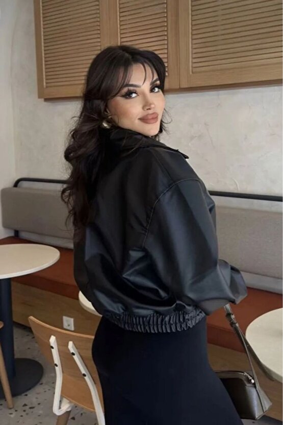 Unisex Deri Bomber Kolej Ceket