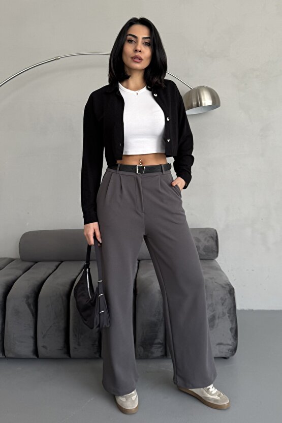 Yüksek Bel Bol Paça Kemerli Likralı Kadın Palazzo Pantolon - Gri