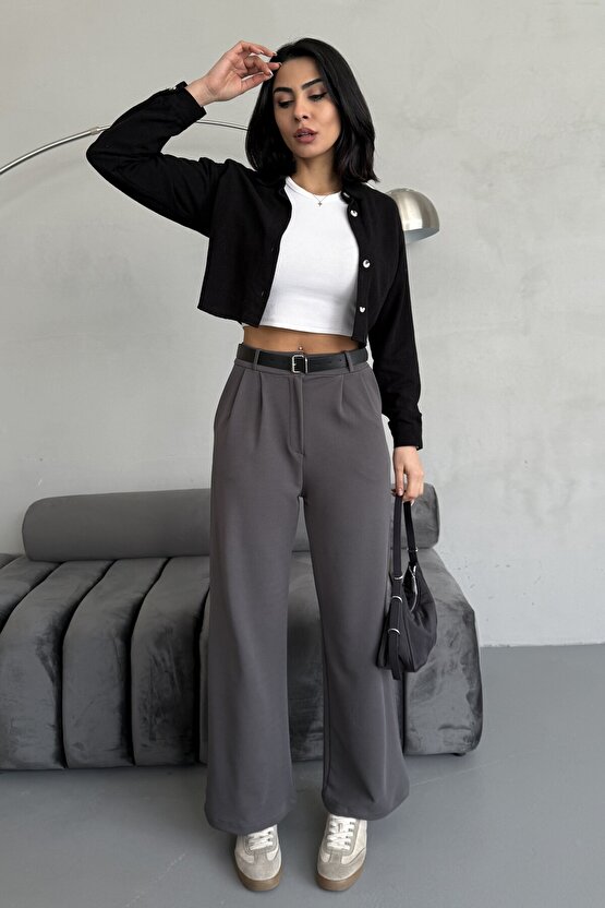 Yüksek Bel Bol Paça Kemerli Likralı Kadın Palazzo Pantolon - Gri