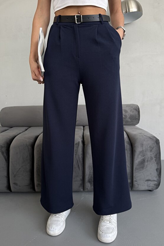 Yüksek Bel Bol Paça Kemerli Likralı Kadın Palazzo Pantolon - Lacivert