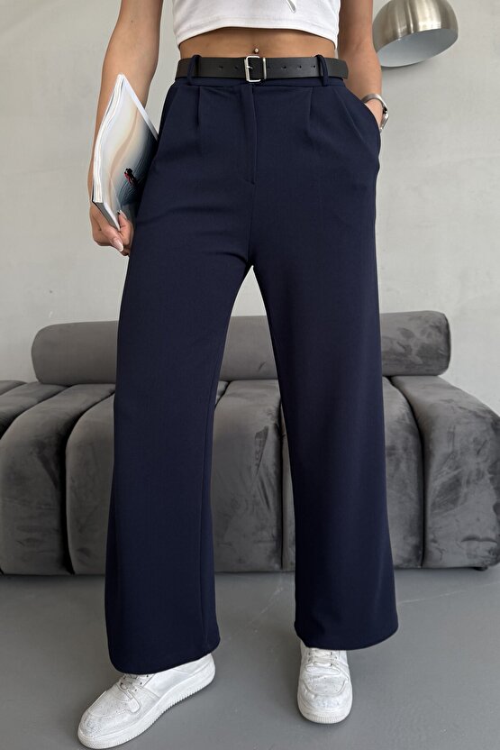 Yüksek Bel Bol Paça Kemerli Likralı Kadın Palazzo Pantolon - Lacivert