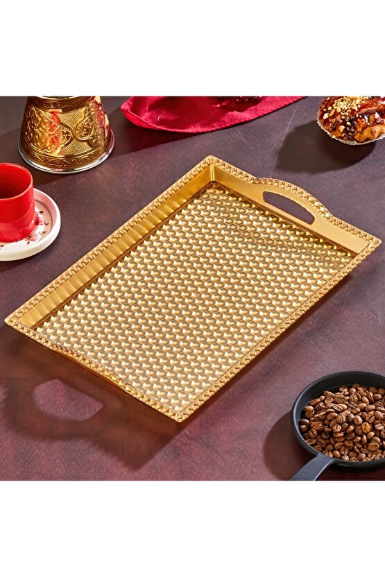 Gold Bal Peteği Desenli Kulplu Sunum Tepsisi