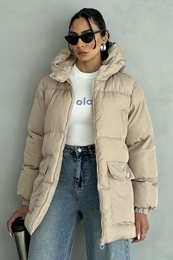 Kapüşonlu Oversize Kadın Şişme Mont - 4 Cep Detaylı, Bej