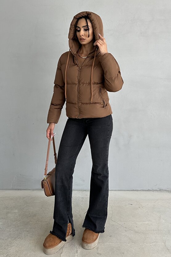 Kadın Kapüşonlu Şişme Mont - Yakası Bağcıklı