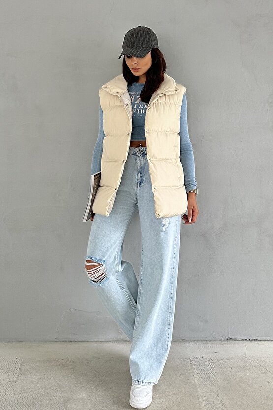 Kadın Filotalı Cep Çıtçıtlı Yakalı Uzun Şişme Yelek