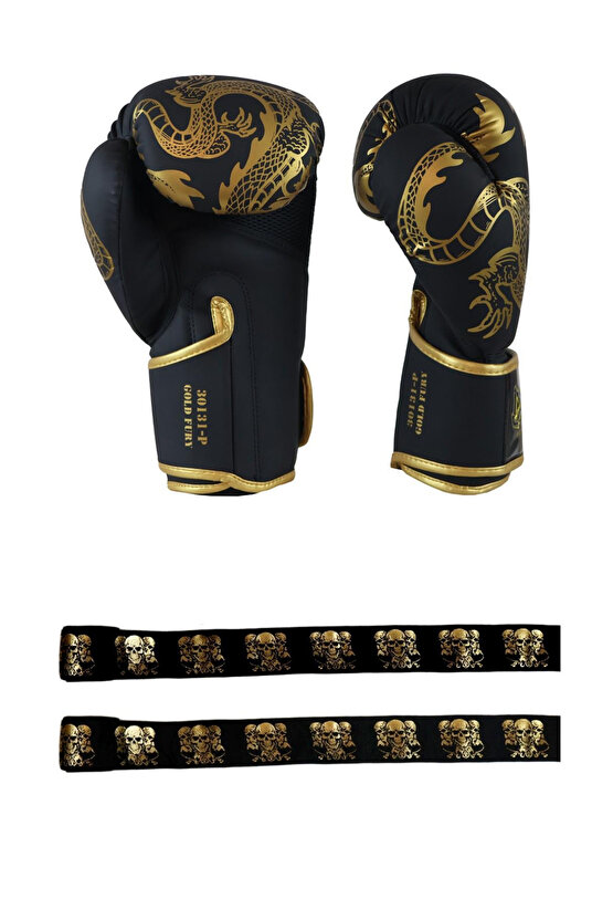 Gold Fury Boks Eldiveni Muay Thai Eldiveni ve Skull Gold 3,5 Mt Kuru Kafalı Boks Bandajı