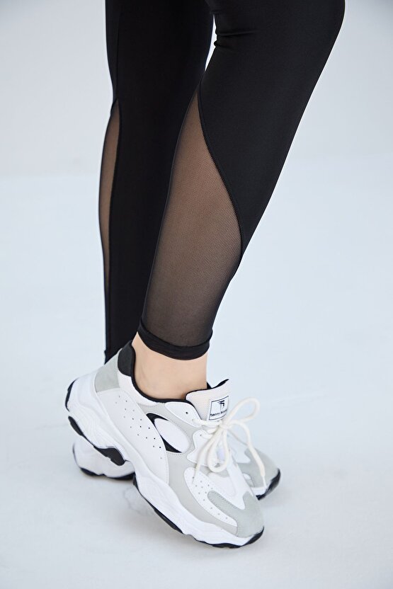 Siyah, Tül Detaylı Sporcu Taytı İnceltici Ve Sıkılaştırıcı