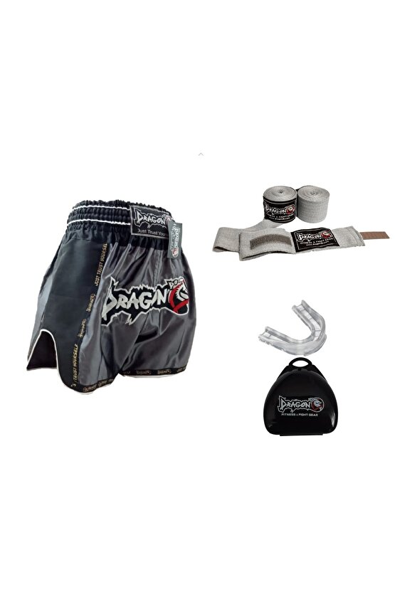 Dragon Retro Şort Muaythai Kick Boks 3,5 Mt Bandaj Ve Şeffaf Dişlik Kickboks Muay Thai Seti