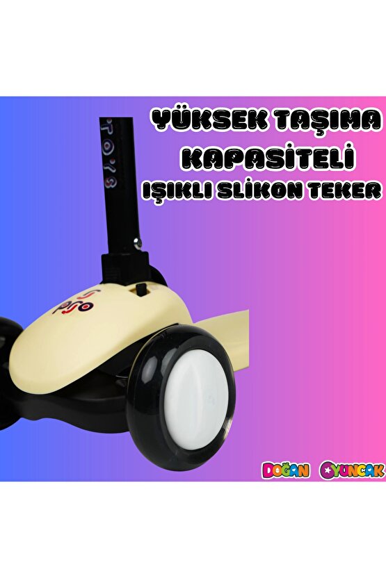 Lupa Katlanabilir Işıklı 3 Tekerlekli Sarı Scooter - Işıklı Scooter - Slikon Teker Scooter - Çocuk S