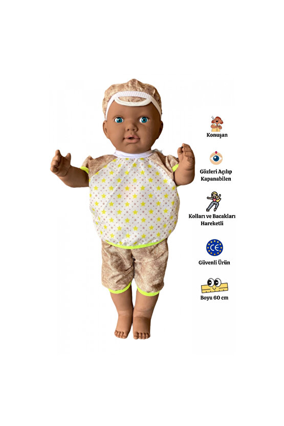 Oynar Gözlü Türkçe Konuşan Siyahi Berke Kel Et Bebek 60 Cm. - Konuşabilen Bebek - Kel Büyük Bebek