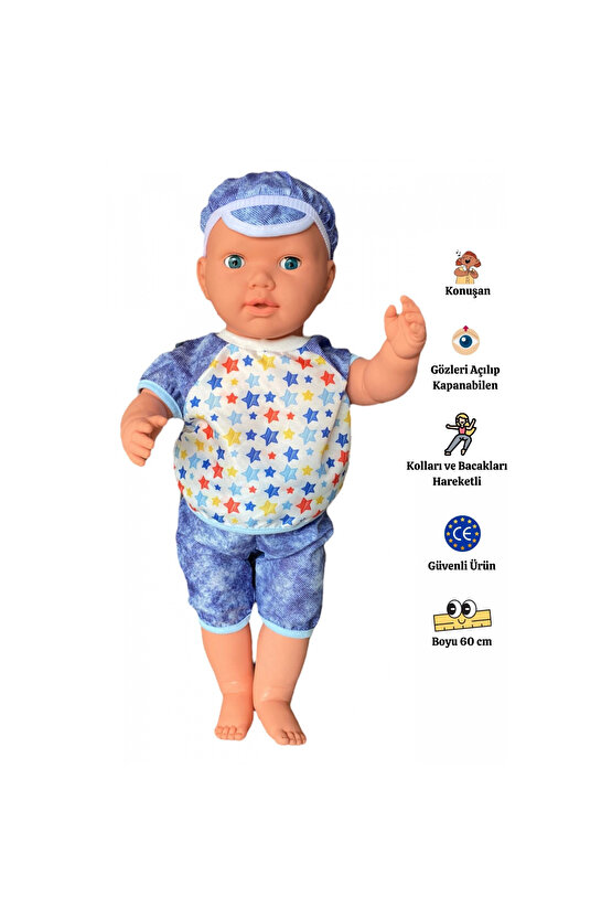 Oynar Gözlü Türkçe Konuşan Berke Kel Et Bebek 60 Cm. - Konuşabilen Bebek - Kel Büyük Bebek