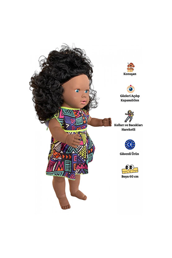 Oynar Gözlü Türkçe Konuşan Siyahi Nazlı Saçlı Et Bebek 60 Cm. - Konuşabilen Bebek - Saçlı Büyük Bebe