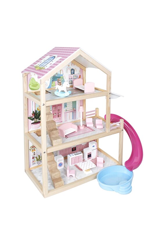 Lüx Ahşap Kaydıraklı Oyun Evi - Ahşap Tatil Evi - Havuzlu Oyun Evi - Ahşap Ev - Ahşap Oyun Evi