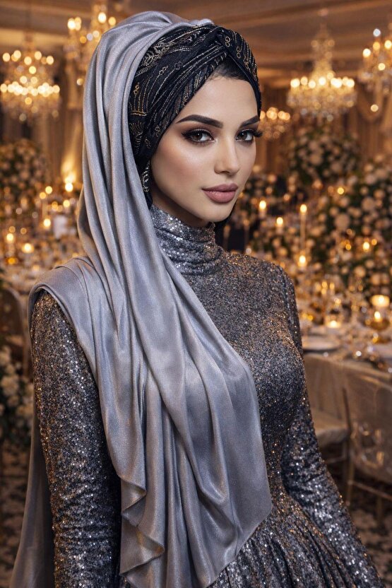 Gümüş Siyah Burgulu Abiye Şal