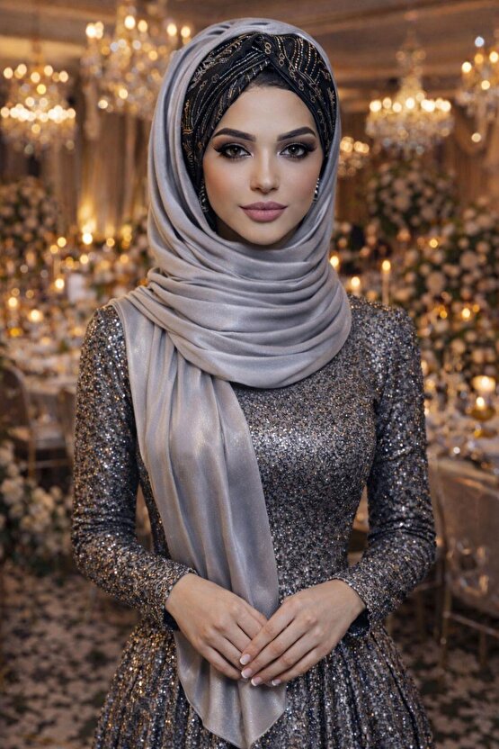 Gümüş Siyah Burgulu Abiye Şal