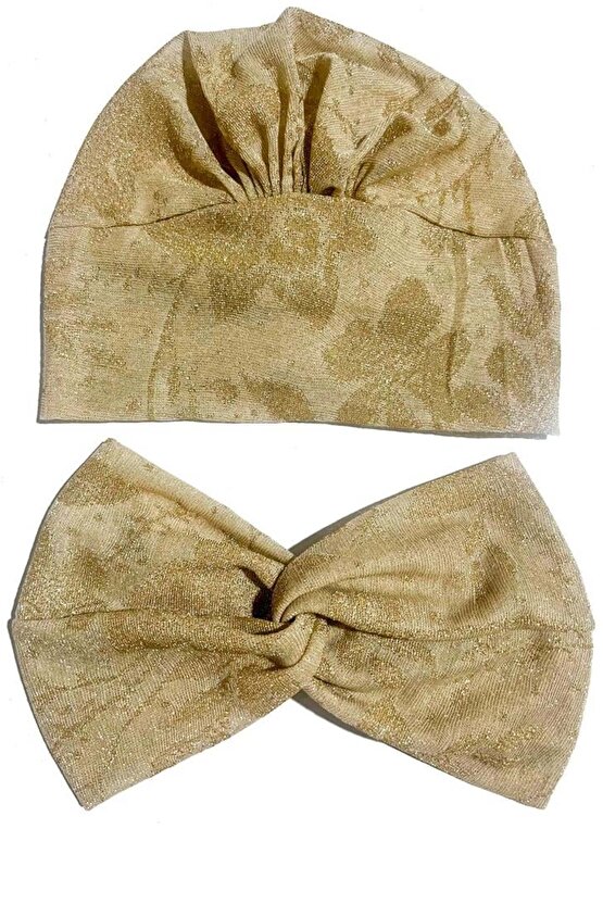 Krem Gold Yaldızlı Burgu Bantlı Hazır Abiye Bone