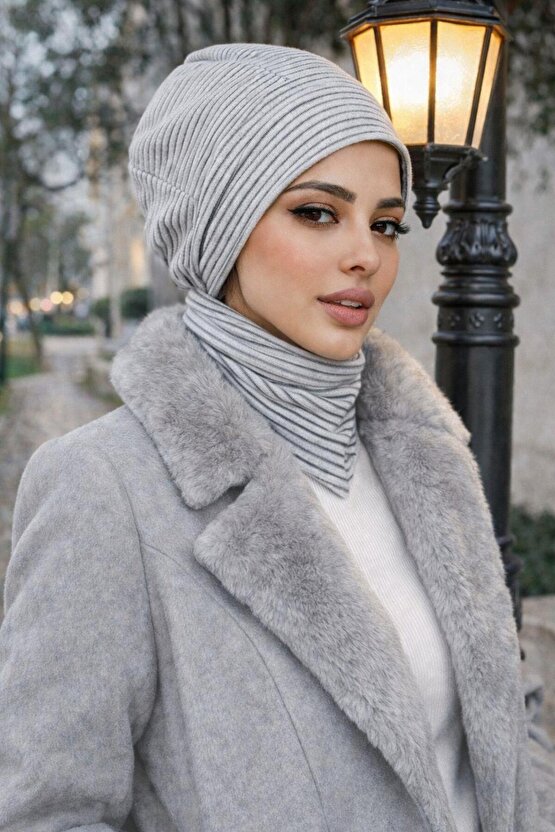 Gri Çizgi Tesettür Bere Bone ve Çıtçıtlı Etol Takım