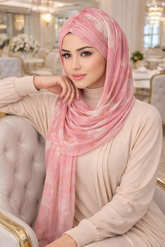 Pudra Beyaz Batik Desen Hazır Şal