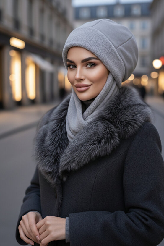 Gri Atkılı Bere Tesettür Bere  UZUN ATKILI