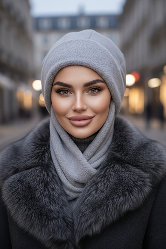 Gri Atkılı Bere Tesettür Bere  UZUN ATKILI