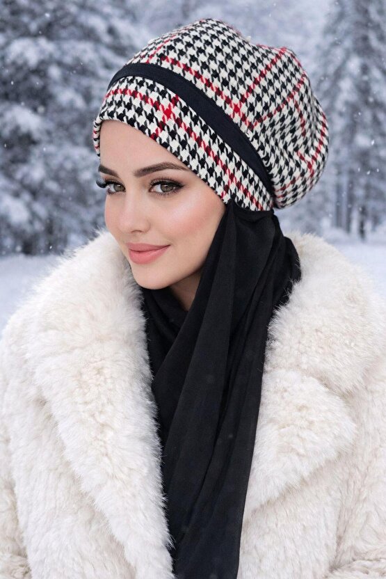 Siyah Kırmızı Kazayağı Tesettür Bere Şal