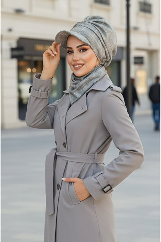 Gri Ekose Büzgülü Tesettür Şapka ve Etol Takım