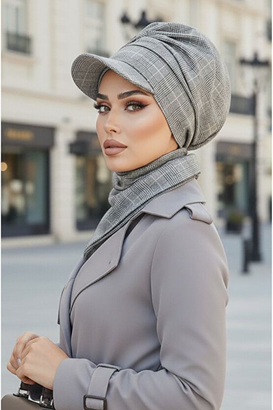 Gri Ekose Büzgülü Tesettür Şapka ve Etol Takım