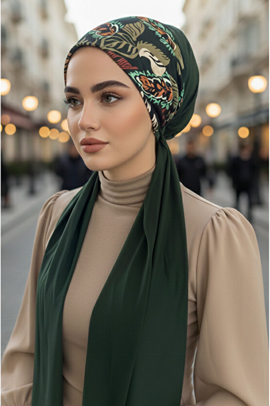 Zümrüt Yaprak Desenli Eşarp Bone