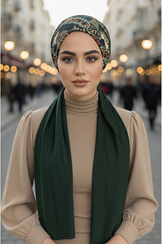 Zümrüt Yaprak Desenli Eşarp Bone