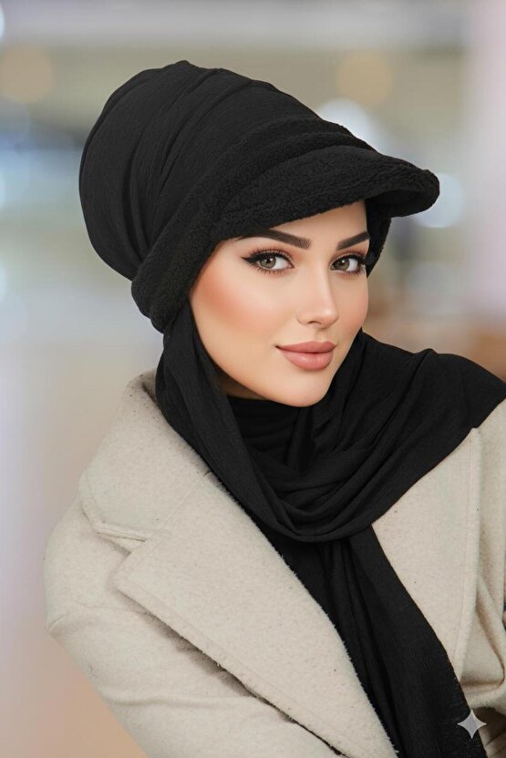 Siyah Kürk Detaylı Çıkartılabilir Kepli Kelebek Bone Şal