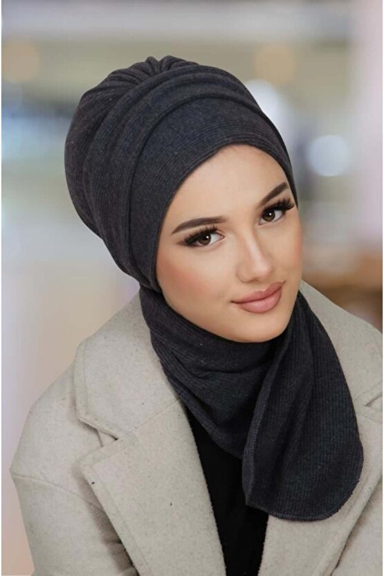 Antrasit Triko Atkılı Tesettür Bone