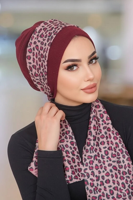 Bordo Leopar Desen Fularlı Bone