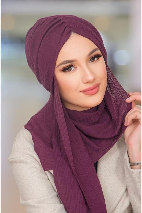 Koyu Bordo Kelebek Model Büzgülü Bone Şal