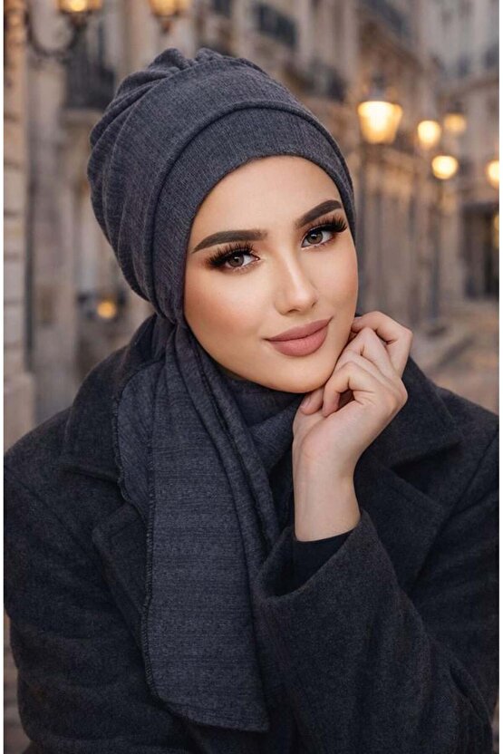Koyu Gri Triko Atkılı Tesettür Bone