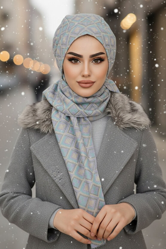 Mavi Gri Desenli Tesettür Bere