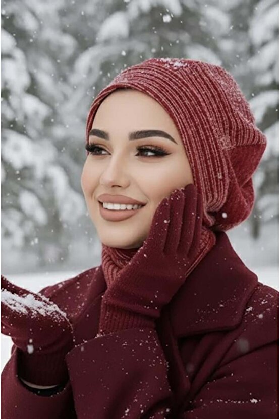 Bordo Desen Tesettür Bere ve Etol Takım