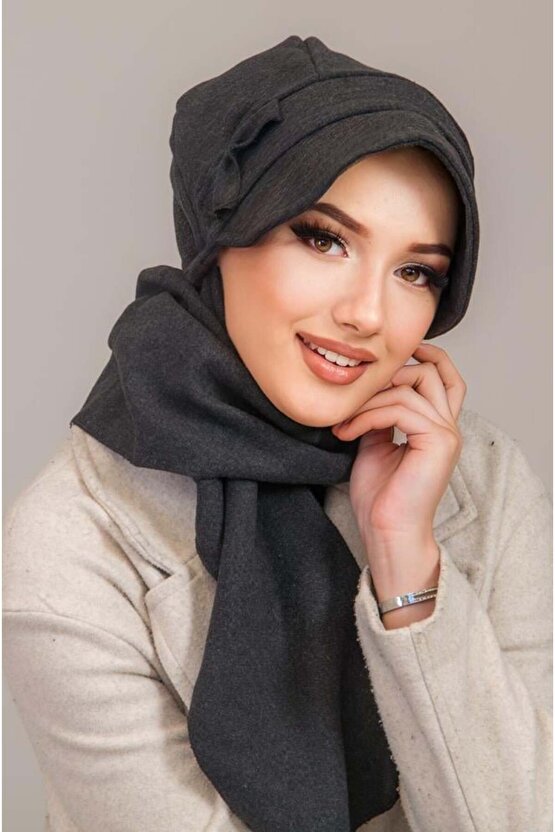 Antrasit Fiyonklu Atkılı Tesettür Şapka