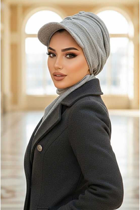 Gri Triko Büzgülü Tesettür Şapka Ve Etol Takım