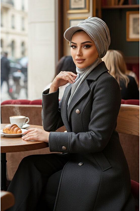 Gri Triko Büzgülü Tesettür Şapka Ve Etol Takım