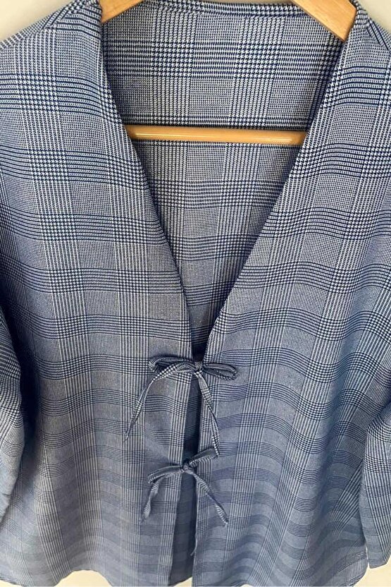 Mavi Ekose Önü Bağlamalı Kimono Tunik  85 CM BOY