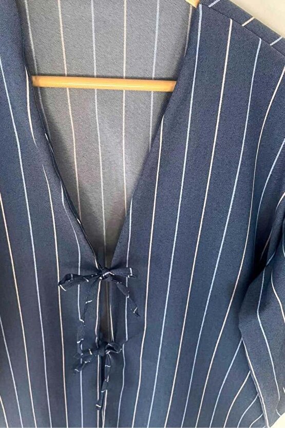 Kot Mavi Çizgili Önü Bağlamalı Kimono Tunik  85 CM BOY